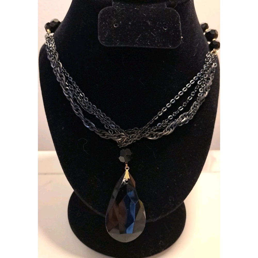 Trifari Black Chain Beaded Drop Necklace Vintage Long Classic Dressy